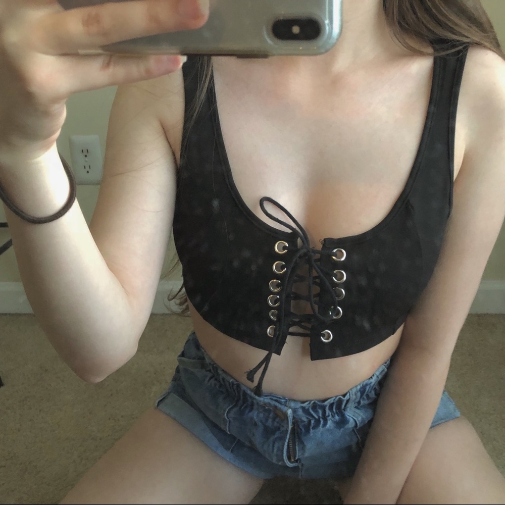 Black Lace Up Front Crop Top